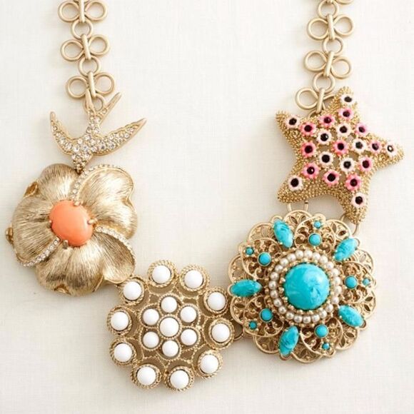 Stella & Dot Bird of Paradise Statement Necklace Gold Turquoise Coral Retired - Picture 2 of 10